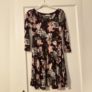 Loft Outlet burgundy floral long sleeve knit fit-and-flare swing dress